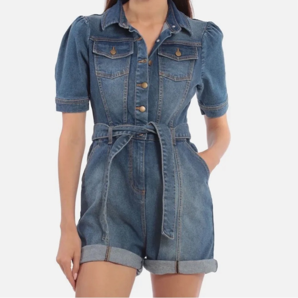 Avec Les Filles Puff Sleeve Denim Romper Shorts Size XS Blue